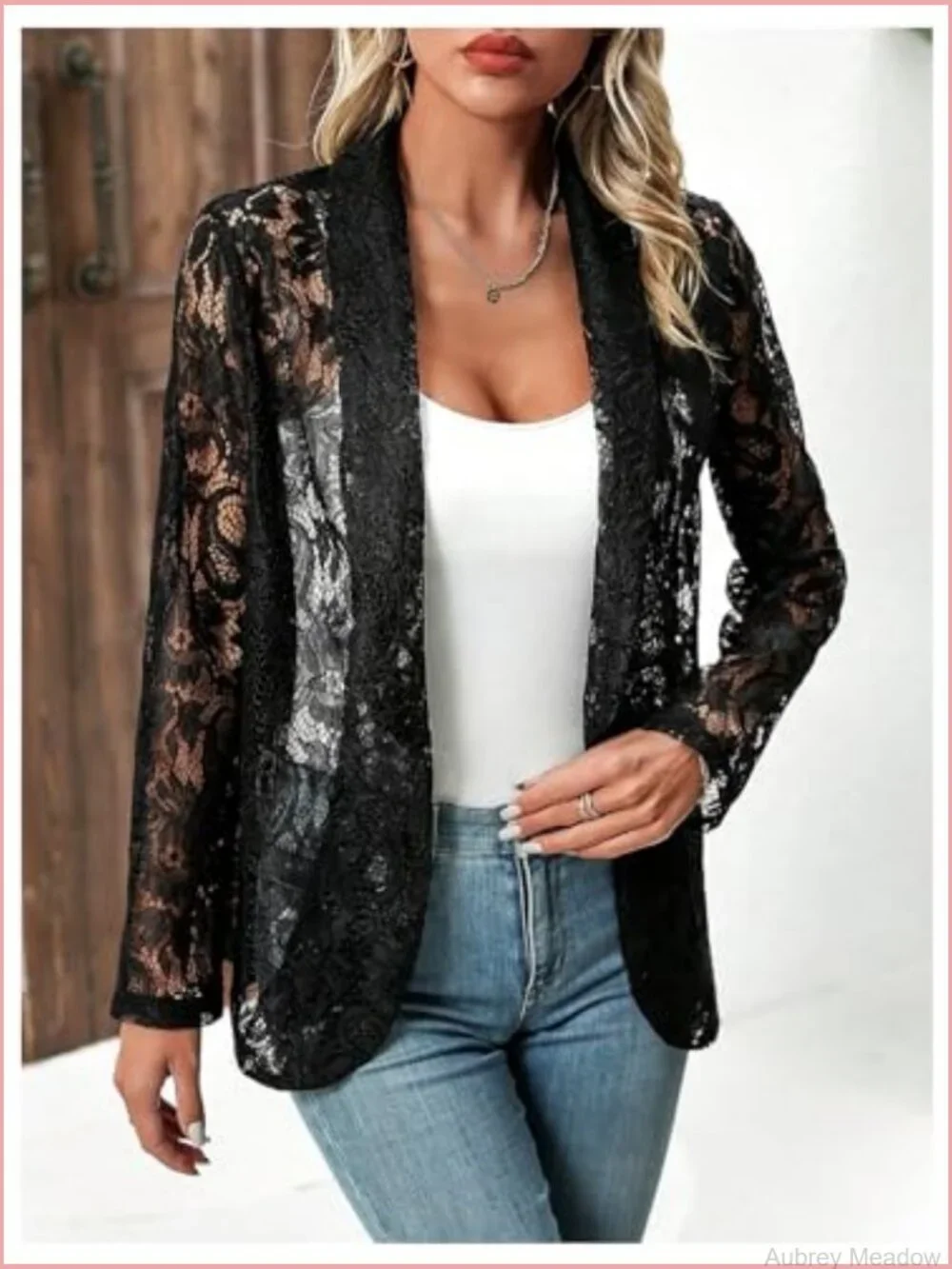 Lace Open Front Long Sleeve Sheer Casual Blazer Jacket